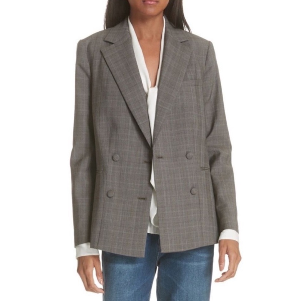 Frame Double Breasted Glen Plaid Blazer 6 Gray 100% Wool Classic Style Minimal